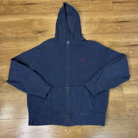 Men's L Polo Ralph Lauren Full Zip Knit Hoodie Blue Sweater Fleece Vintage - Picture 1 of 6